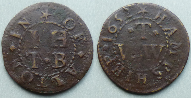 Alton, town issue I H, T B & W T 1652 farthing